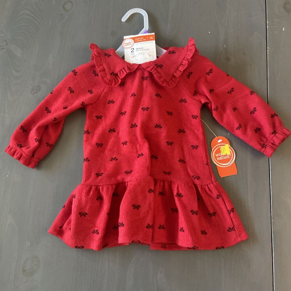 Christmas 12m Baby Girl Long Sleeve Red Sweater Dress with Footed Tights